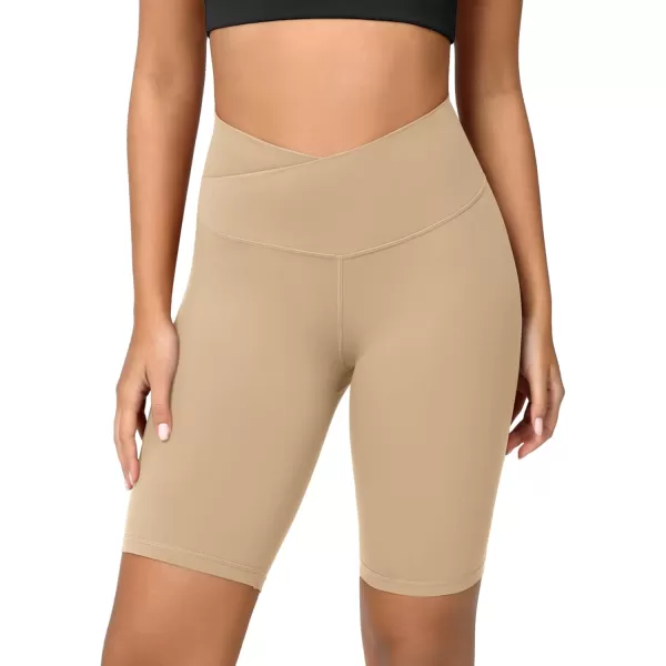 ODODOS Cloud Feeling Crossover Yoga Shorts with Back Pocket for Women 6quot  8 V High Wasit Lounge Biker ShortsBeige