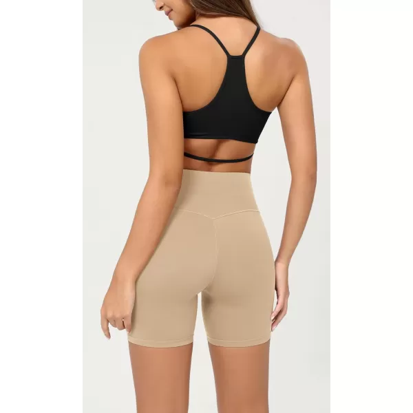 ODODOS Cloud Feeling Crossover Yoga Shorts with Back Pocket for Women 6quot  8 V High Wasit Lounge Biker ShortsBeige