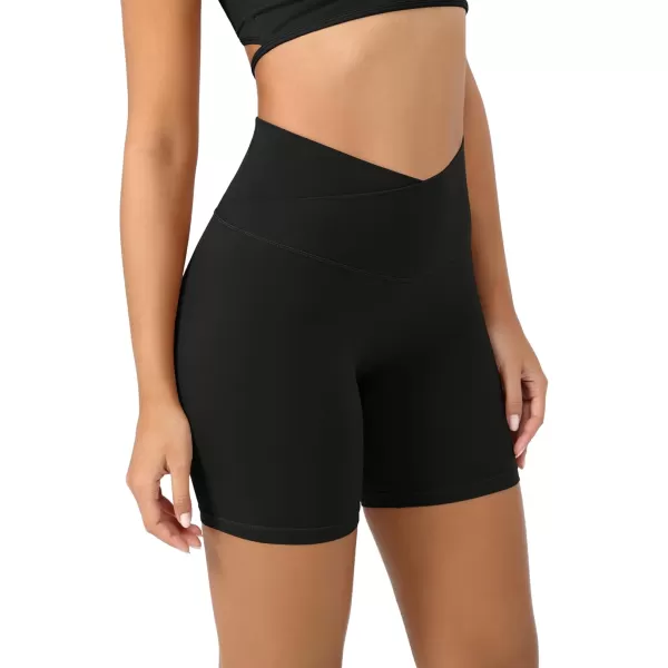 ODODOS Cloud Feeling Crossover Yoga Shorts with Back Pocket for Women 6quot  8 V High Wasit Lounge Biker ShortsBlack