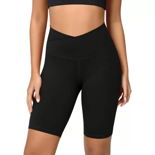 ODODOS Cloud Feeling Crossover Yoga Shorts with Back Pocket for Women 6quot  8 V High Wasit Lounge Biker ShortsBlack