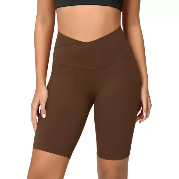 ODODOS Cloud Feeling Crossover Yoga Shorts with Back Pocket for Women 6quot  8 V High Wasit Lounge Biker ShortsBrunette