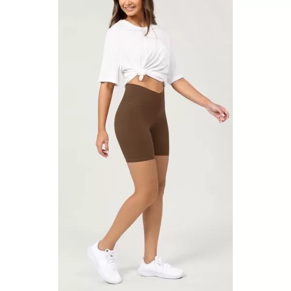 ODODOS Cloud Feeling Crossover Yoga Shorts with Back Pocket for Women 6quot  8 V High Wasit Lounge Biker ShortsBrunette