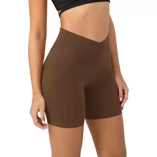 ODODOS Cloud Feeling Crossover Yoga Shorts with Back Pocket for Women 6quot  8 V High Wasit Lounge Biker ShortsBrunette