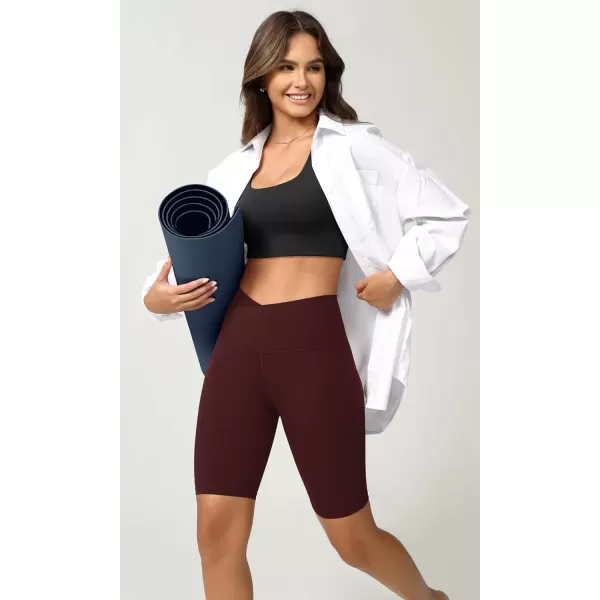 ODODOS Cloud Feeling Crossover Yoga Shorts with Back Pocket for Women 6quot  8 V High Wasit Lounge Biker ShortsBurgundy
