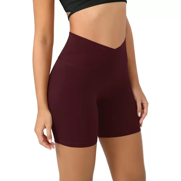 ODODOS Cloud Feeling Crossover Yoga Shorts with Back Pocket for Women 6quot  8 V High Wasit Lounge Biker ShortsBurgundy