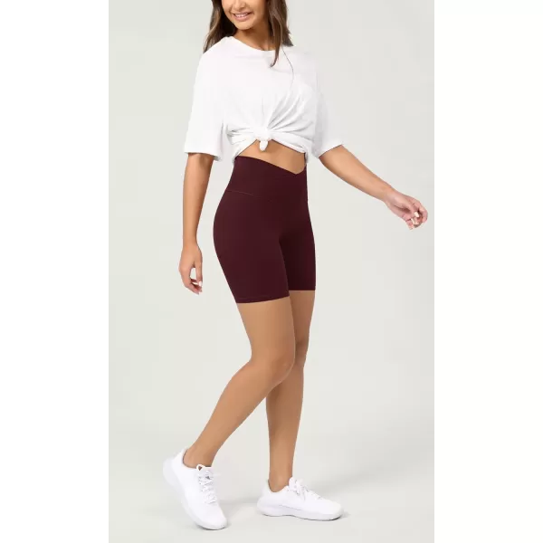 ODODOS Cloud Feeling Crossover Yoga Shorts with Back Pocket for Women 6quot  8 V High Wasit Lounge Biker ShortsBurgundy