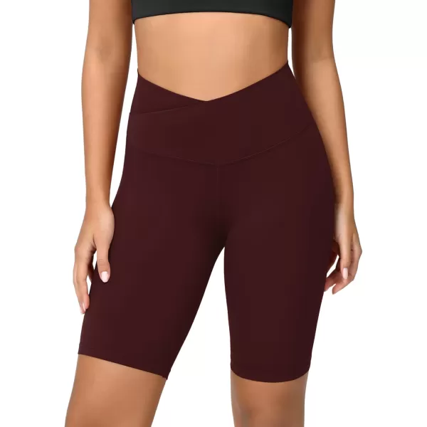 ODODOS Cloud Feeling Crossover Yoga Shorts with Back Pocket for Women 6quot  8 V High Wasit Lounge Biker ShortsBurgundy
