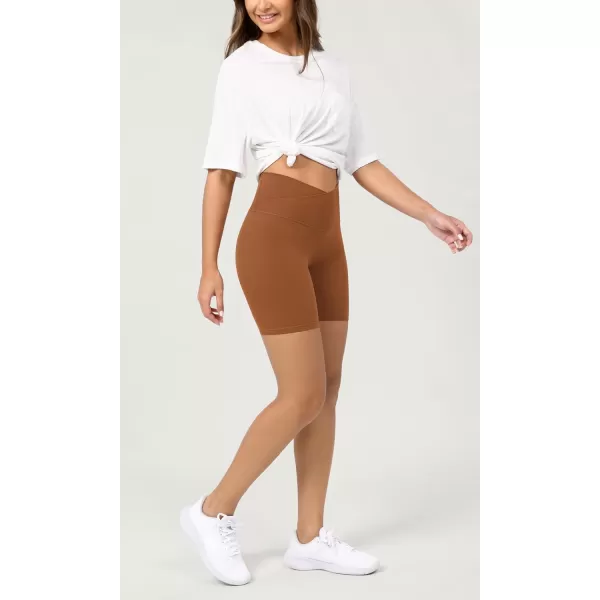ODODOS Cloud Feeling Crossover Yoga Shorts with Back Pocket for Women 6quot  8 V High Wasit Lounge Biker ShortsCaramel