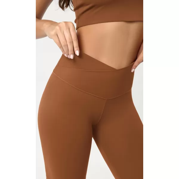 ODODOS Cloud Feeling Crossover Yoga Shorts with Back Pocket for Women 6quot  8 V High Wasit Lounge Biker ShortsCaramel