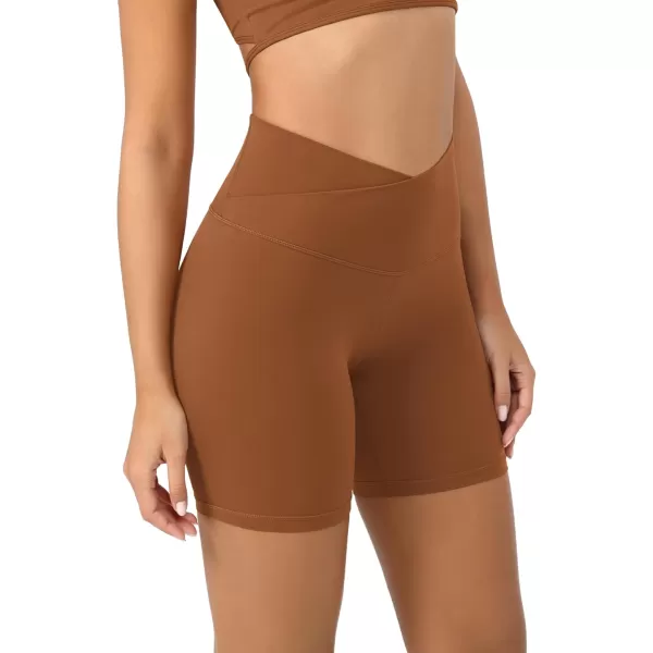 ODODOS Cloud Feeling Crossover Yoga Shorts with Back Pocket for Women 6quot  8 V High Wasit Lounge Biker ShortsCaramel