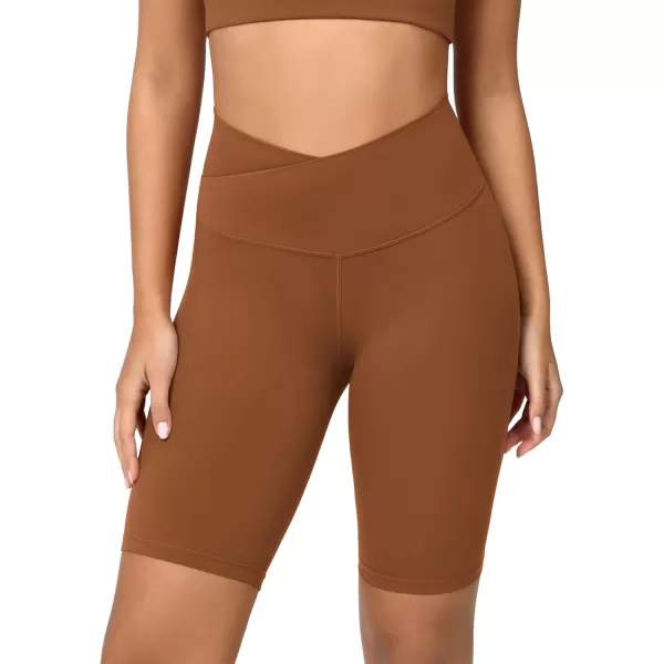 ODODOS Cloud Feeling Crossover Yoga Shorts with Back Pocket for Women 6quot  8 V High Wasit Lounge Biker ShortsCaramel