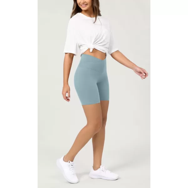 ODODOS Cloud Feeling Crossover Yoga Shorts with Back Pocket for Women 6quot  8 V High Wasit Lounge Biker ShortsChambray