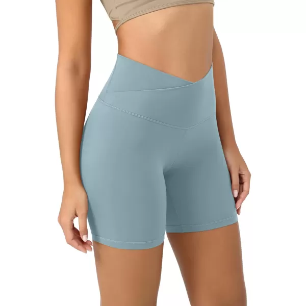 ODODOS Cloud Feeling Crossover Yoga Shorts with Back Pocket for Women 6quot  8 V High Wasit Lounge Biker ShortsChambray