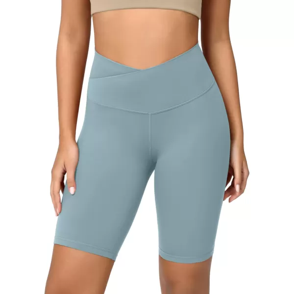 ODODOS Cloud Feeling Crossover Yoga Shorts with Back Pocket for Women 6quot  8 V High Wasit Lounge Biker ShortsChambray