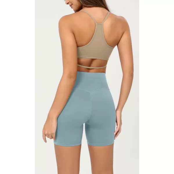 ODODOS Cloud Feeling Crossover Yoga Shorts with Back Pocket for Women 6quot  8 V High Wasit Lounge Biker ShortsChambray