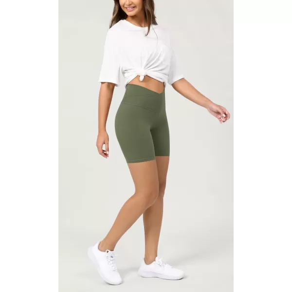 ODODOS Cloud Feeling Crossover Yoga Shorts with Back Pocket for Women 6quot  8 V High Wasit Lounge Biker ShortsDark Olive