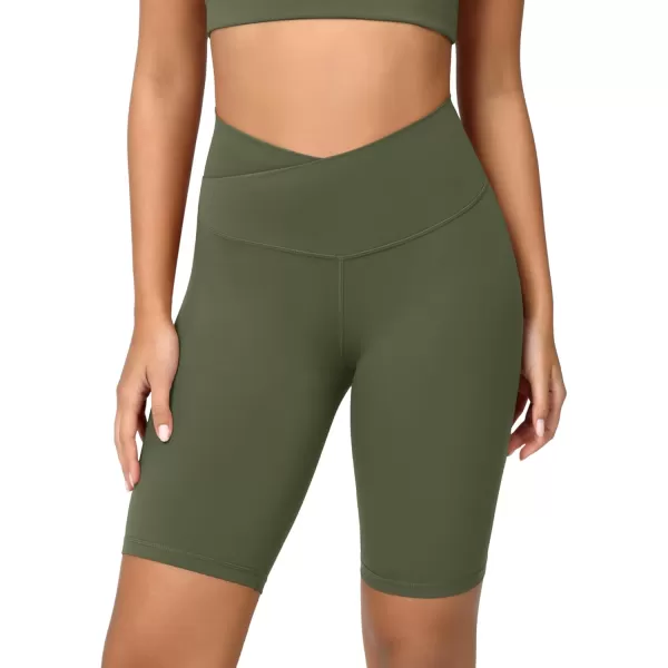 ODODOS Cloud Feeling Crossover Yoga Shorts with Back Pocket for Women 6quot  8 V High Wasit Lounge Biker ShortsDark Olive