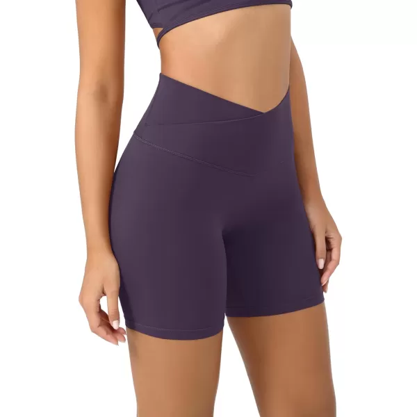 ODODOS Cloud Feeling Crossover Yoga Shorts with Back Pocket for Women 6quot  8 V High Wasit Lounge Biker ShortsDark Purple