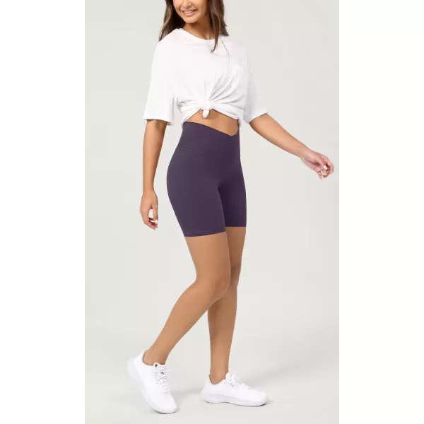 ODODOS Cloud Feeling Crossover Yoga Shorts with Back Pocket for Women 6quot  8 V High Wasit Lounge Biker ShortsDark Purple