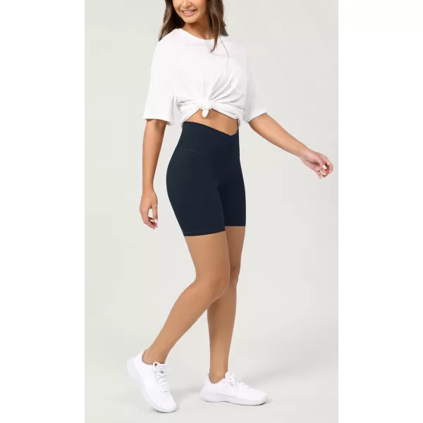 ODODOS Cloud Feeling Crossover Yoga Shorts with Back Pocket for Women 6quot  8 V High Wasit Lounge Biker ShortsDeep Navy