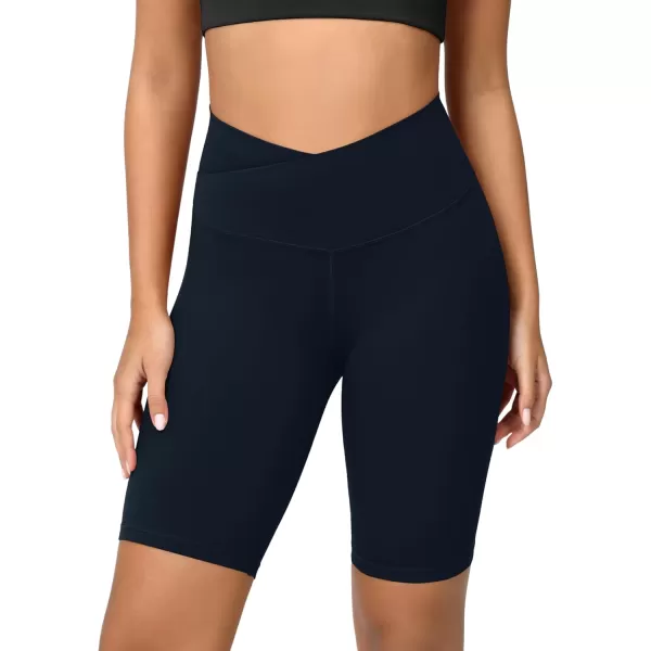 ODODOS Cloud Feeling Crossover Yoga Shorts with Back Pocket for Women 6quot  8 V High Wasit Lounge Biker ShortsDeep Navy