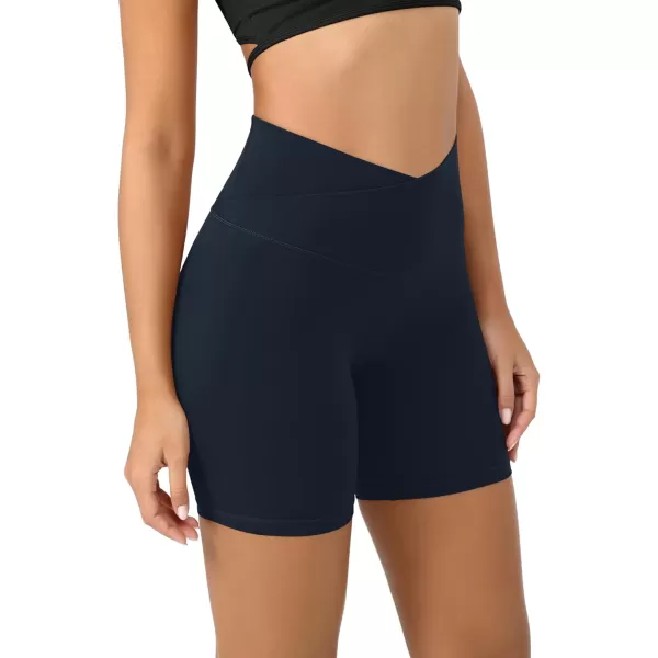 ODODOS Cloud Feeling Crossover Yoga Shorts with Back Pocket for Women 6quot  8 V High Wasit Lounge Biker ShortsDeep Navy