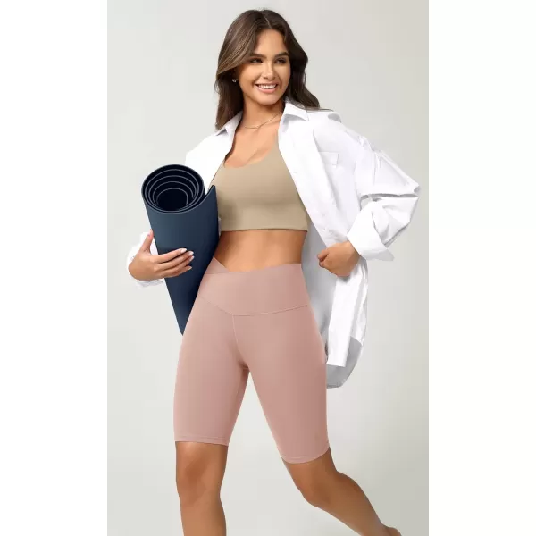 ODODOS Cloud Feeling Crossover Yoga Shorts with Back Pocket for Women 6quot  8 V High Wasit Lounge Biker ShortsDusty Pink