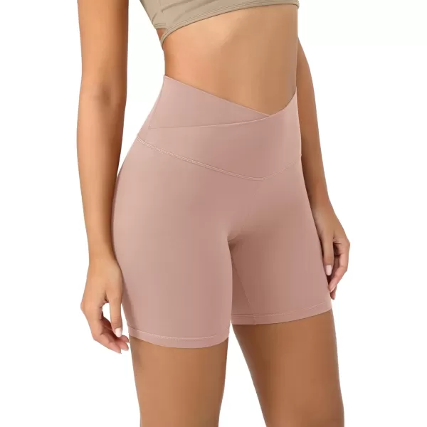 ODODOS Cloud Feeling Crossover Yoga Shorts with Back Pocket for Women 6quot  8 V High Wasit Lounge Biker ShortsDusty Pink