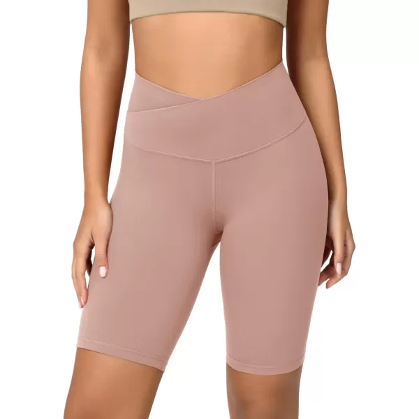 ODODOS Cloud Feeling Crossover Yoga Shorts with Back Pocket for Women 6quot  8 V High Wasit Lounge Biker ShortsDusty Pink