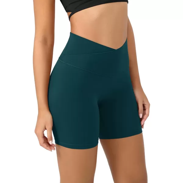 ODODOS Cloud Feeling Crossover Yoga Shorts with Back Pocket for Women 6quot  8 V High Wasit Lounge Biker ShortsForest Teal