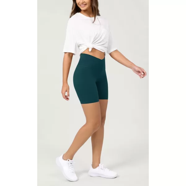 ODODOS Cloud Feeling Crossover Yoga Shorts with Back Pocket for Women 6quot  8 V High Wasit Lounge Biker ShortsForest Teal