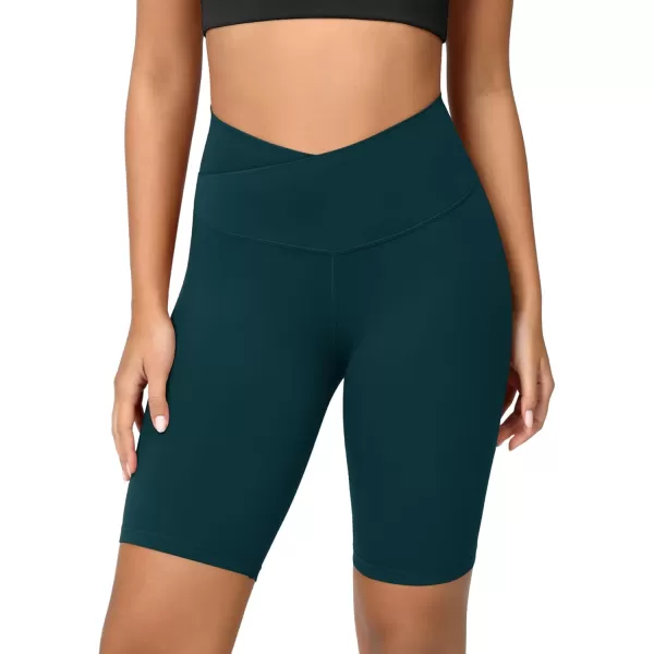 ODODOS Cloud Feeling Crossover Yoga Shorts with Back Pocket for Women 6quot  8 V High Wasit Lounge Biker ShortsForest Teal