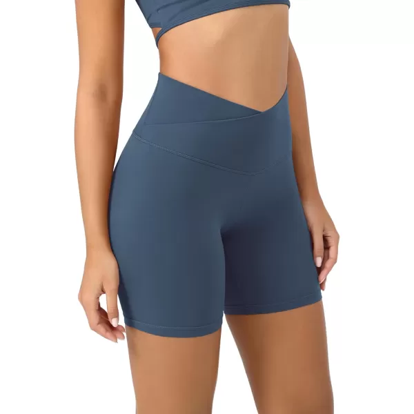 ODODOS Cloud Feeling Crossover Yoga Shorts with Back Pocket for Women 6quot  8 V High Wasit Lounge Biker ShortsInk Blue