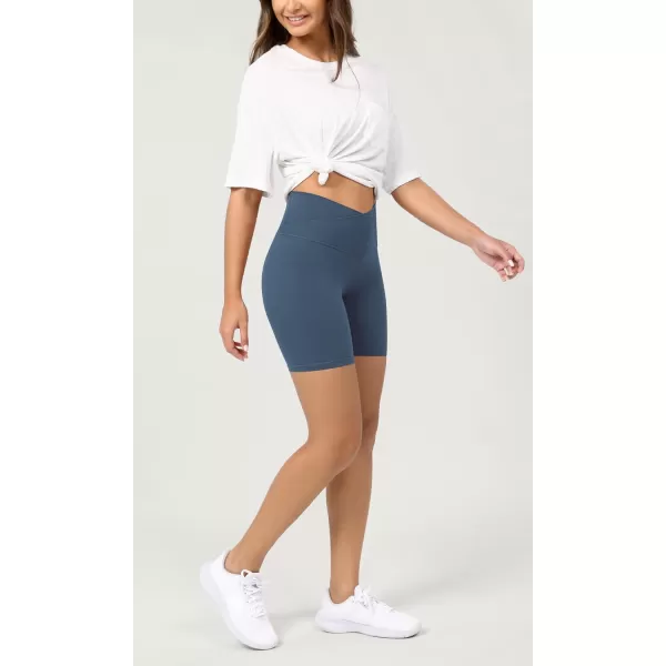 ODODOS Cloud Feeling Crossover Yoga Shorts with Back Pocket for Women 6quot  8 V High Wasit Lounge Biker ShortsInk Blue