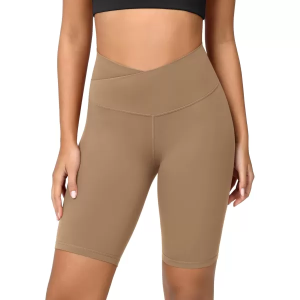 ODODOS Cloud Feeling Crossover Yoga Shorts with Back Pocket for Women 6quot  8 V High Wasit Lounge Biker ShortsLight Brown