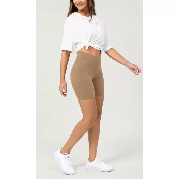 ODODOS Cloud Feeling Crossover Yoga Shorts with Back Pocket for Women 6quot  8 V High Wasit Lounge Biker ShortsLight Brown