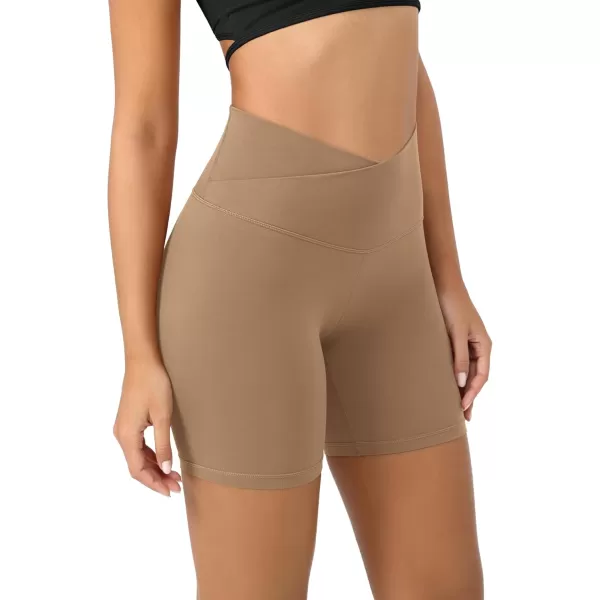 ODODOS Cloud Feeling Crossover Yoga Shorts with Back Pocket for Women 6quot  8 V High Wasit Lounge Biker ShortsLight Brown