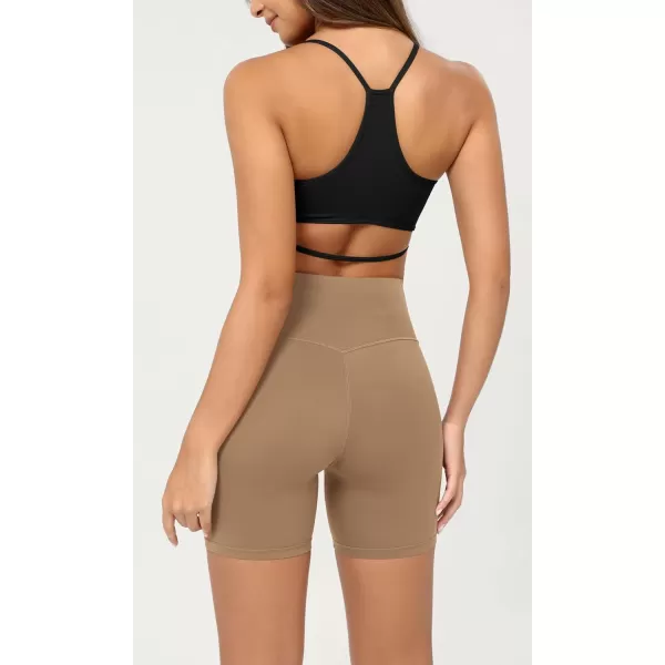 ODODOS Cloud Feeling Crossover Yoga Shorts with Back Pocket for Women 6quot  8 V High Wasit Lounge Biker ShortsLight Brown