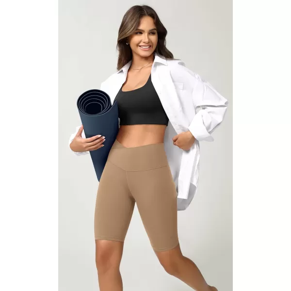 ODODOS Cloud Feeling Crossover Yoga Shorts with Back Pocket for Women 6quot  8 V High Wasit Lounge Biker ShortsLight Brown