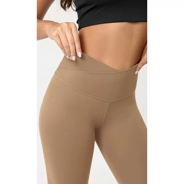 ODODOS Cloud Feeling Crossover Yoga Shorts with Back Pocket for Women 6quot  8 V High Wasit Lounge Biker ShortsLight Brown