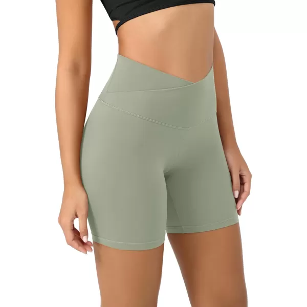 ODODOS Cloud Feeling Crossover Yoga Shorts with Back Pocket for Women 6quot  8 V High Wasit Lounge Biker ShortsLime Stone