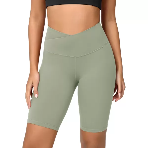 ODODOS Cloud Feeling Crossover Yoga Shorts with Back Pocket for Women 6quot  8 V High Wasit Lounge Biker ShortsLime Stone