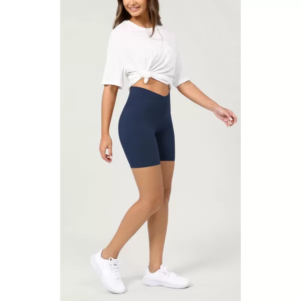 ODODOS Cloud Feeling Crossover Yoga Shorts with Back Pocket for Women 6quot  8 V High Wasit Lounge Biker ShortsNavy
