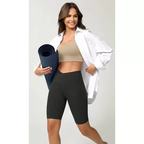ODODOS Cloud Feeling Crossover Yoga Shorts with Back Pocket for Women 6quot  8 V High Wasit Lounge Biker ShortsOnyx Black Grey