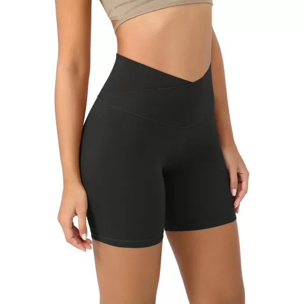 ODODOS Cloud Feeling Crossover Yoga Shorts with Back Pocket for Women 6quot  8 V High Wasit Lounge Biker ShortsOnyx Black Grey