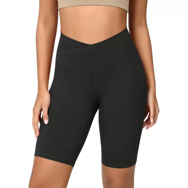ODODOS Cloud Feeling Crossover Yoga Shorts with Back Pocket for Women 6quot  8 V High Wasit Lounge Biker ShortsOnyx Black Grey