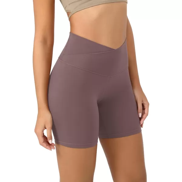 ODODOS Cloud Feeling Crossover Yoga Shorts with Back Pocket for Women 6quot  8 V High Wasit Lounge Biker ShortsPurple Taupe