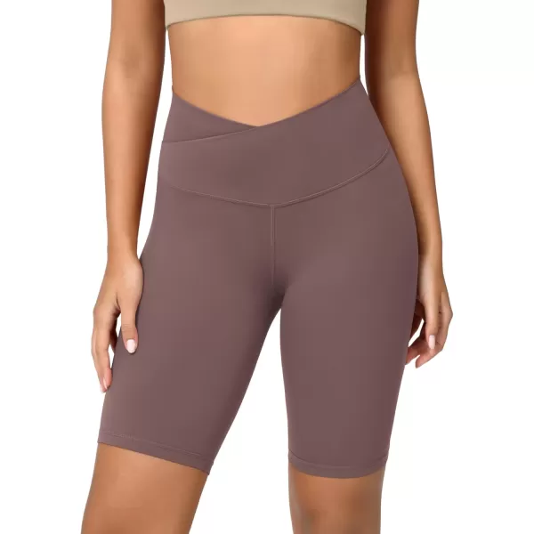 ODODOS Cloud Feeling Crossover Yoga Shorts with Back Pocket for Women 6quot  8 V High Wasit Lounge Biker ShortsPurple Taupe