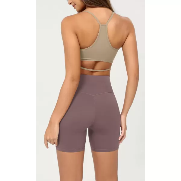 ODODOS Cloud Feeling Crossover Yoga Shorts with Back Pocket for Women 6quot  8 V High Wasit Lounge Biker ShortsPurple Taupe