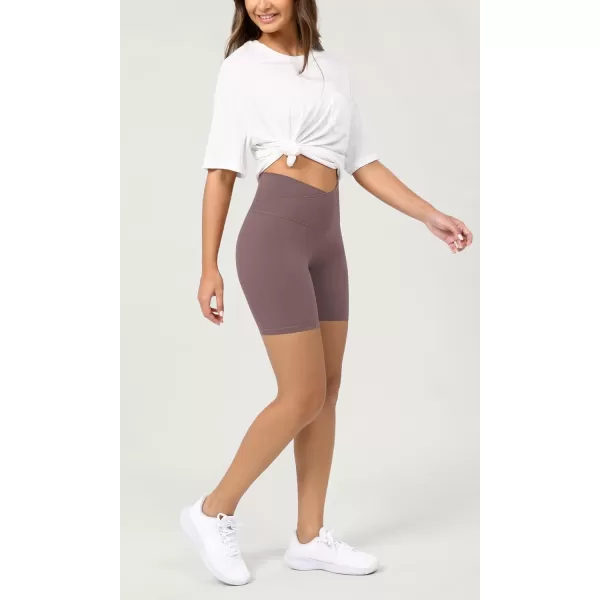 ODODOS Cloud Feeling Crossover Yoga Shorts with Back Pocket for Women 6quot  8 V High Wasit Lounge Biker ShortsPurple Taupe